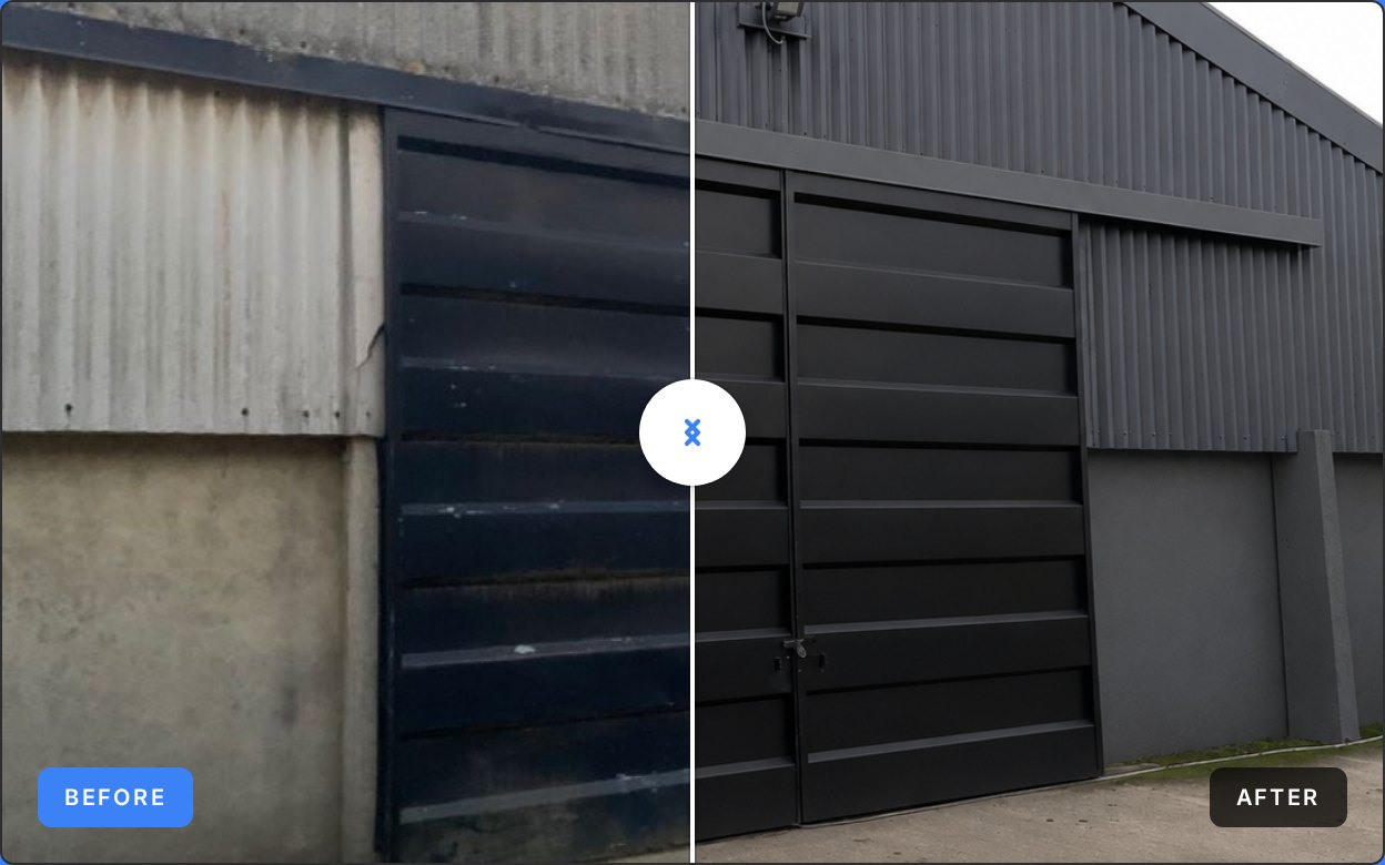 Before and after slider on the ProCoating website, comparing a weathered unit with the same unit freshly coated in black