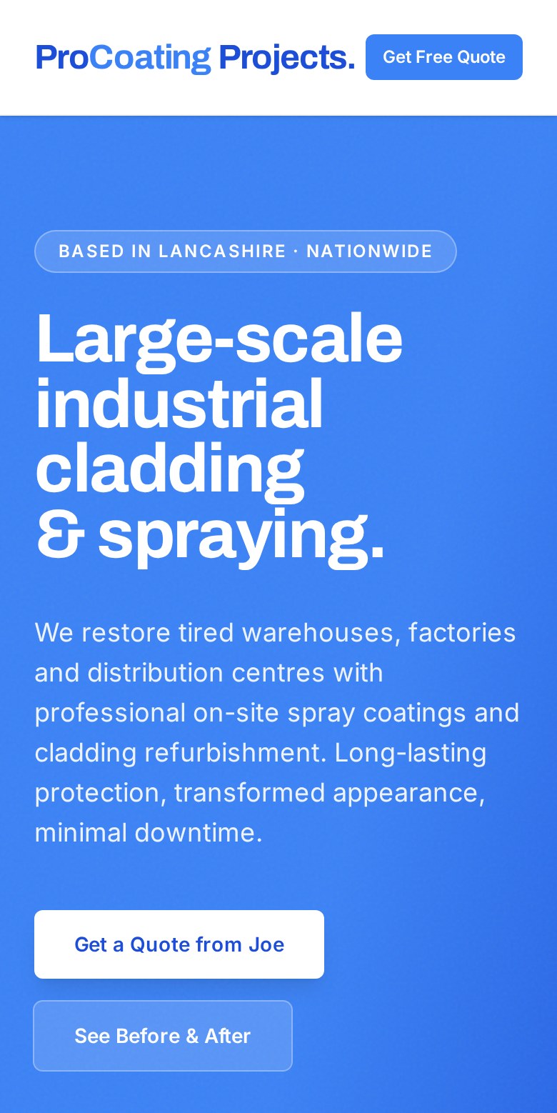 The ProCoating website displayed on a phone